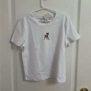 Aritzia White Tee with Deer Embroidery